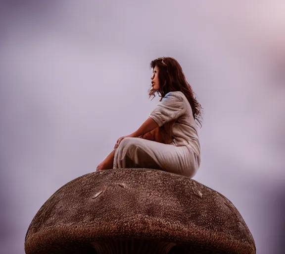 Image similar to a portrait of a female warrior sitting on a giant mushroom that covers a whole town and reaches above the clouds. intricate. lifelike. soft light. sony a 7 r iv 5 5 mm. cinematic post - processing