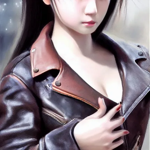 Prompt: perfect, realistic oil painting of close-up japanese young woman wearing leather jacket, in Perfect World mmorpg