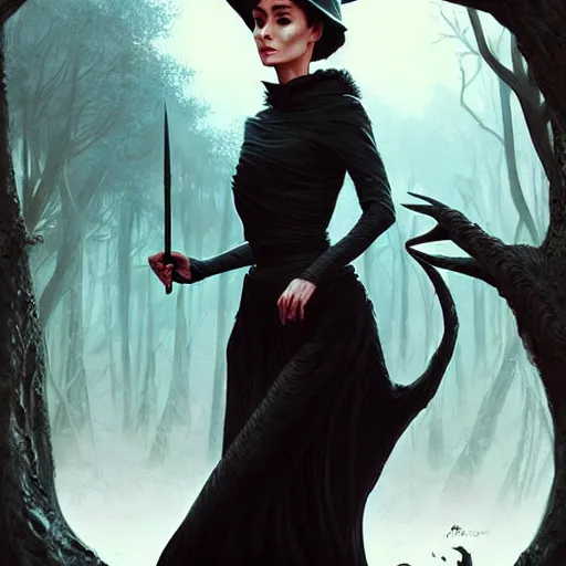 Prompt: audrey hepburn as a witch in an epic fantasy novel, various backgrounds, intricate, elegant, highly detailed, digital painting, artstation, matte, illustration, art by artgerm, greg rutkowski