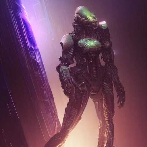 Image similar to portrait sci-fi art by Greg Rutkowski and Ruan Jia, Predator vs Alien, solar flares, futuristic environment, detailed and intricate environment, fractal biomech, cyberpunk, neon color, purple bioluminescence, gold and black metal, dramatic lighting, cinematic, high technology, highly detailed portrait, digital painting, artstation, concept art, smooth, sharp focus, ilustration, Artstation HQ,