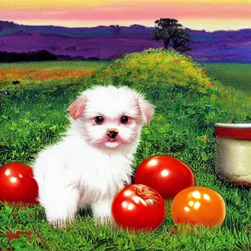 Prompt: masterful oil on canvas painting, eye - a cute happy white morkie puppy with a cornucopia full of tomatoes. in the background is idyllic grassy field. by guido crepax. golden hour, detailed, depth, volume, chiaroscuro, quiet intensity, vivid color palette.