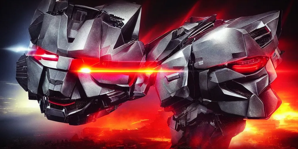 Image similar to “A Decepticon with the Head of Michael Jackson with glowing red eyes, cinematic Michael Bay movie, god rays, explosions, ultra realistic, 4K ultra HD”