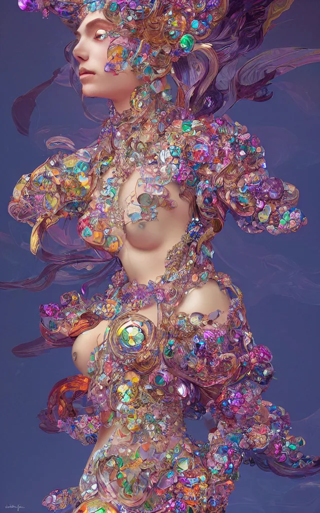 Prompt: a stunning rendition of full - body female sculpture made of fractal gems, fractal crystals, very intricate, hyper realistic, octane render, very colorful, vibrant, cinematic, amazing details, by james jean, by alphonse mucha, by ross tran