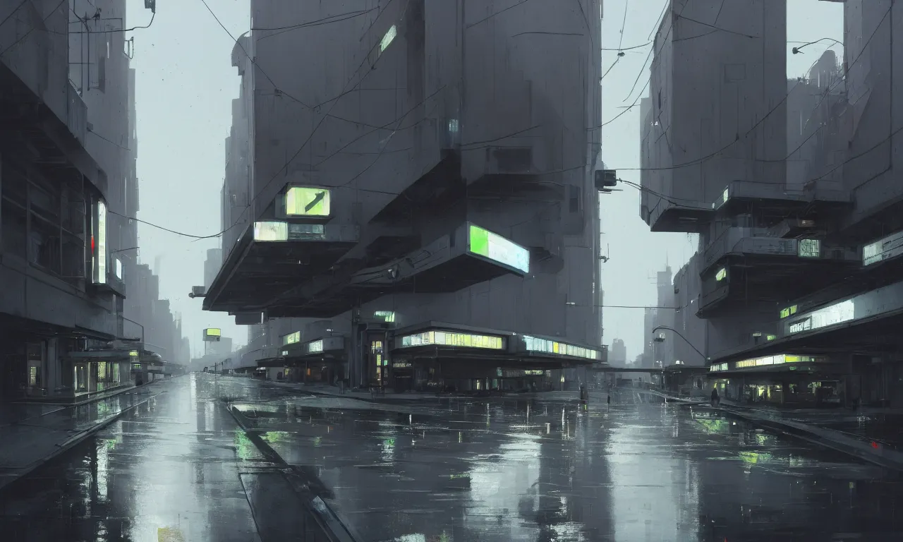 Image similar to photorealistic streetscape, simple brutalist architecture, metal, concrete, puddles of water, white neon lights, neon signs, flying vehicles, pedestrians, greg rutkowski, syd mead, ralph mcquarrie, concept art, matte painting, finely detailed, minimal artifacts, rule of thirds, dynamic lighting, cinematic, denoised, centered, artstation