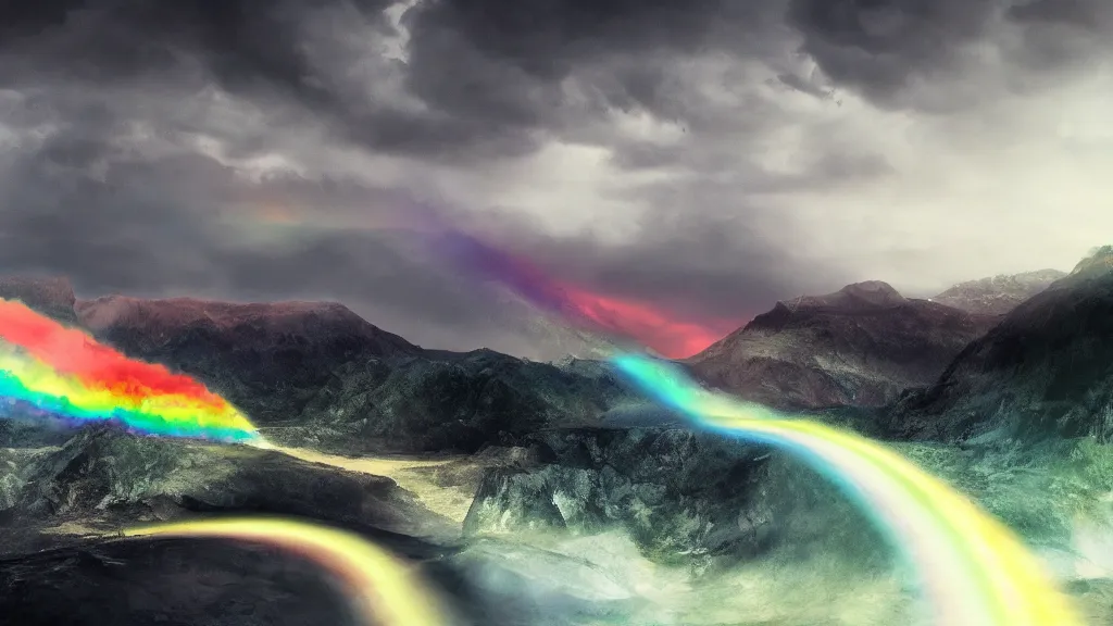 Prompt: matte painting of twisting rainbow in black sky. trending on artstation.