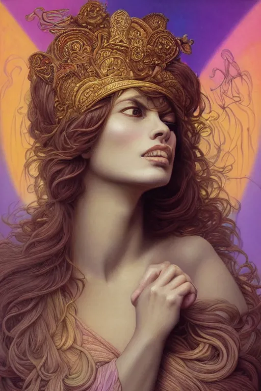 Prompt: portrait of goddess brigitte bardot by artgerm, mandala, rococo, vivid color, complementary color, golden ratio, detailed, sharp lines, sharp focus, intricate, rainbowshift, by maxfield parrish, by peter mohrbacher, by gustave dore, by alphonse mucha, deviantart, octane render