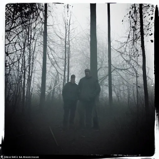 Image similar to low quality iphone photo of the payday : the heist crew standing ominously deep in the foggy woods low visibility creepy, grainy, trail cam footage