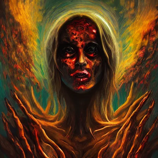 Image similar to woman, hell, horror, popular fantasy art abstract painting generated by artificial intelligence, 8K UHD, trending on artstation, extremely detailed