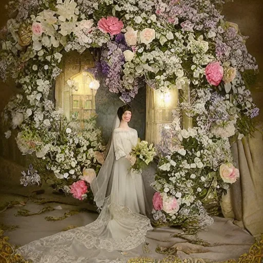 Image similar to A Russian and Japanese mix historical fantasy of a photograph taken of the royal wedding floral covered isle inspired by a enchanted ethereal forest, 1907 photo from the official wedding photographer for the royal wedding.