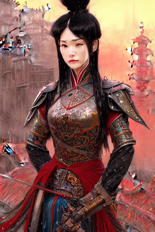 Image similar to portrait black hair young knights of Dynasty Warriors girl, metallic red mirror armor, in ruin chinese temple rooftop heavily rain sunrise, ssci-fi and fantasy, intricate and very beautiful and elegant, highly detailed, digital painting, soft light, artstation, concept art, smooth and sharp focus, illustration, art by tian zi and WLOP and alphonse mucha