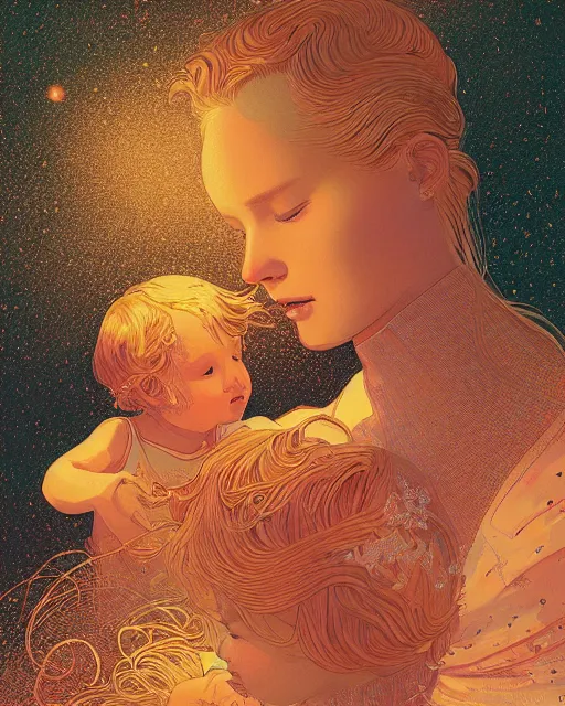 Prompt: a beautiful maiden caressing a baby girl with golden hair, close up, digital art, illustrated by james gurney and victo ngai