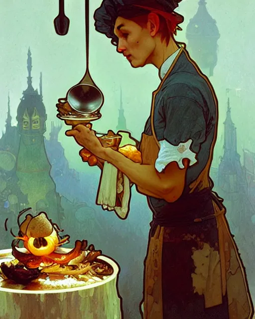 Image similar to an anthropomorphic mushroom chef cooking a meal, art by greg rutkowski and alphonse mucha