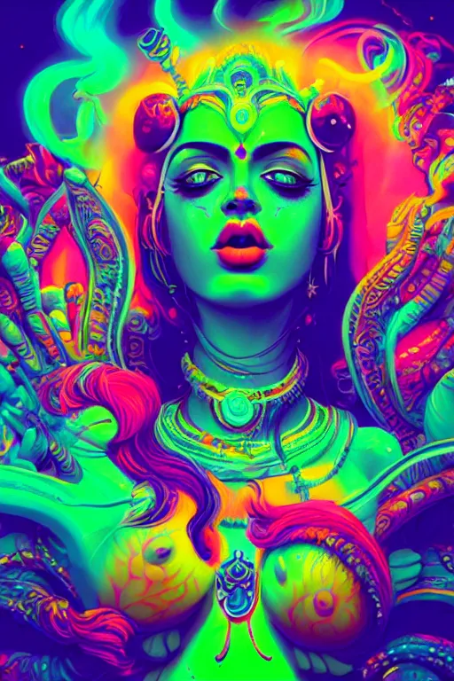 Image similar to a beautiful hindu goddess engulfed in colorful liquid smoke and neon clouds, a colorful psychedelic experience, dmt, lsd, face, highly detailed, artstation, concept art, matte, sharp focus, illustration, digital art by hana yata, and artem demura and beeple, octane render, unreal engine, 8 k