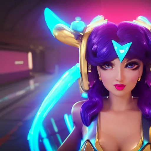 Prompt: still of pretty Sona (League of Legends) in KDA music video. 3d render, octane render, game art, realistic, highly detailed, trending on artstation, 4k, trending on artstation, pixar, cgsociety, unreal engine 5, redshift render, trending on artstation, blender, behance, cg