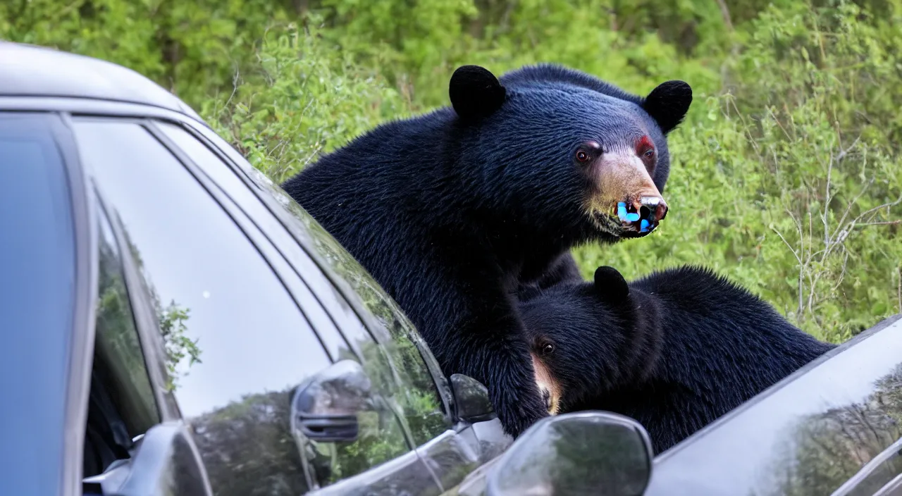 Image similar to a black bear sticks its head out the window