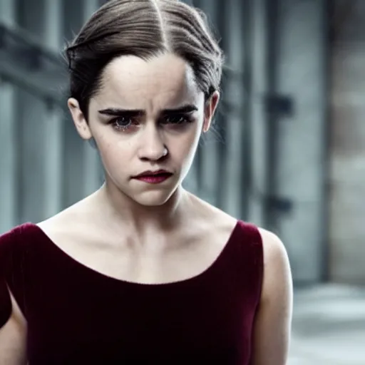 Prompt: a woman who is a genetic combination of emilia clarke and emma watson face and upper - body focus