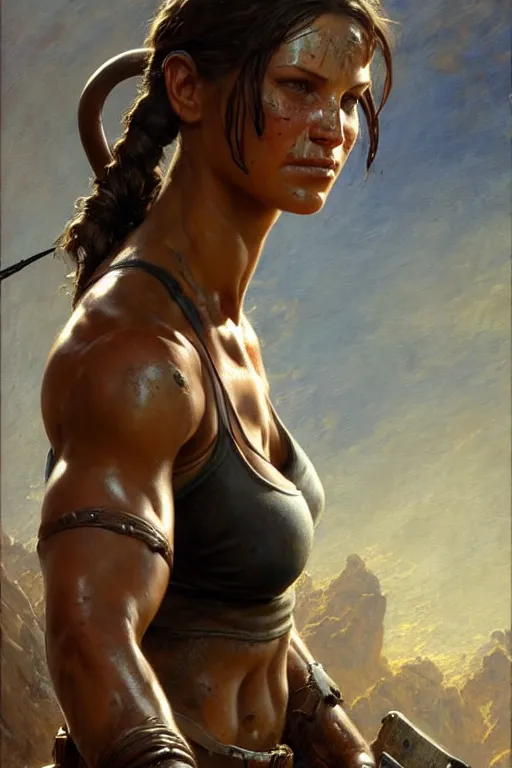 Image similar to muscular sweat lara croft, covers with mud exhausted face close up, highly detailed painting by gaston bussiere, craig mullins, j. c. leyendecker 8 k