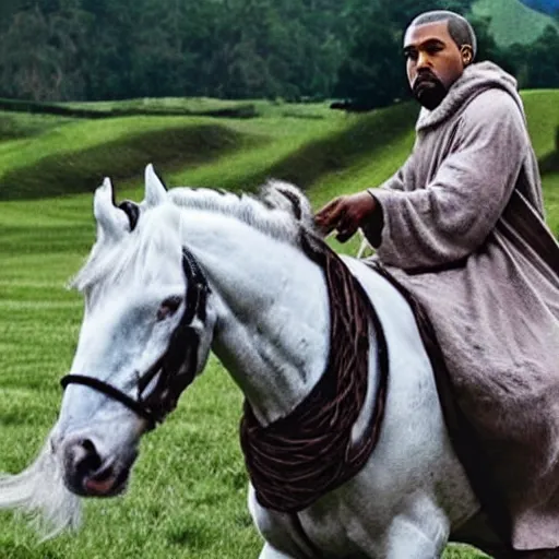 kanye west and gandalf riding white horses, on a grass Stable