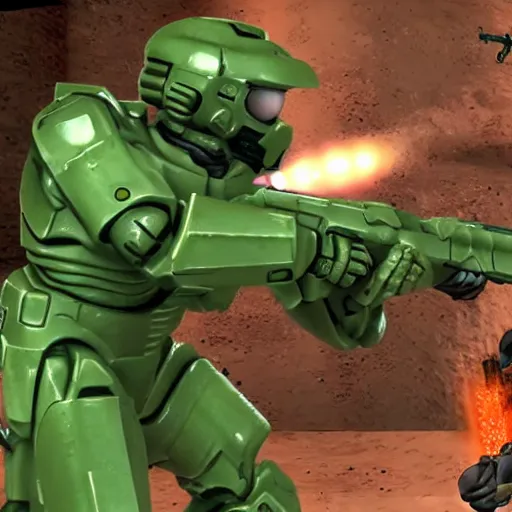 Image similar to doomguy shooting master chief at close range