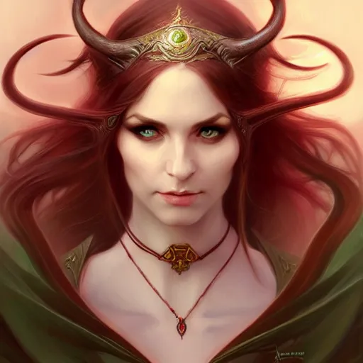 Image similar to Portrait of seductive female elven priest, D&D, green eyes, choker, long red hair, demon wings, fantasy, intricate, elegant, highly detailed, digital painting, artstation, concept art, smooth, sharp focus, illustration, art by artgerm and greg rutkowski and alphonse mucha