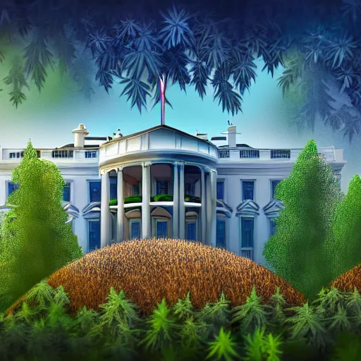 Image similar to a architectural portrait of the white house surrounded in wild blooming cannabis, and hippies crawling from the brush, cg art, fine art, highly detailed, digital painting, cgi, volumetric lighting, sunny atmosphere