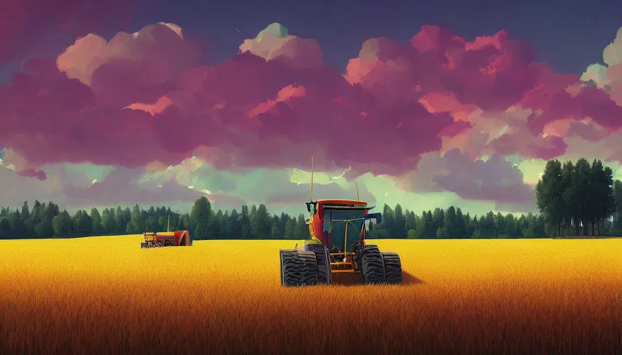 Image similar to colourful sky, wheat field, combine harvester, big trees, matte painting, art station, digital art, simon stalenhag