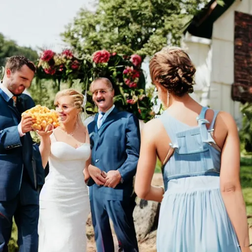 Image similar to a man brings a tupperware of macaroni to a wedding