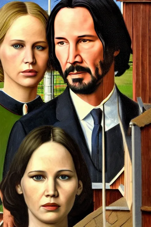 Image similar to painting of Keanu Reeves and Jennifer Lawrence as the couple in American Gothic in the style of Grant Wood