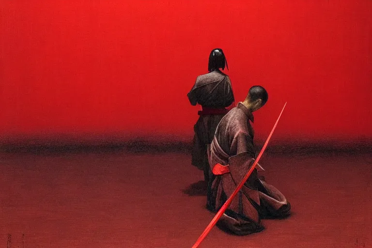 Image similar to only with red, a red samurai harakiri, tokio, a lot of frogs watch, in the style of beksinski, parts by edward hopper, parts by rodcenko, parts by yue minjun, intricate and epic composition, red by caravaggio, insanely quality, highly detailed, masterpiece, red light, artstation, 4 k