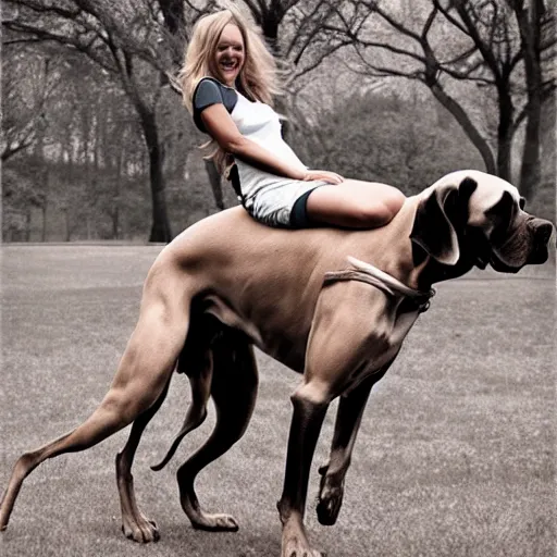 Prompt: girl riding a giant great Dane at the park catching a frisbee, trending on artstation