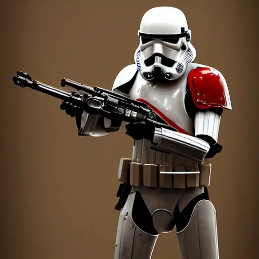 Image similar to full body shot of an imperial stormtrooper in battle position ready to shoot his blaster concept art by Doug Chiang cinematic, realistic painting, high definition, very detailed, extremely high detail, photo realistic, concept art, red color palette, the Mandalorian concept art style