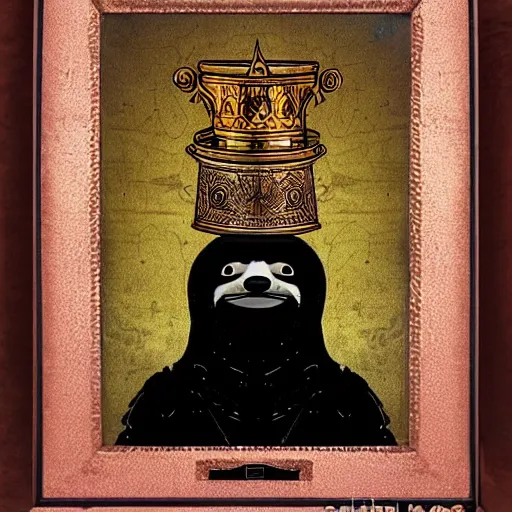 Image similar to sloth as the king of cups, copper cup, copper crown, poster framed, intricate details, medieval art style, high contrast, solarized