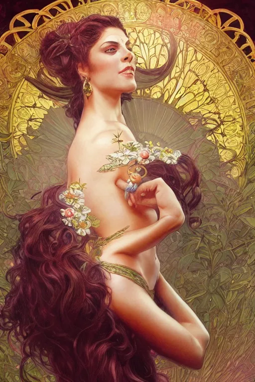 Image similar to ultra realistic illustration, deanna troi as persephone, intricate, elegant, highly detailed, digital painting, artstation, concept art, smooth, sharp focus, illustration, art by artgerm and greg rutkowski and alphonse mucha