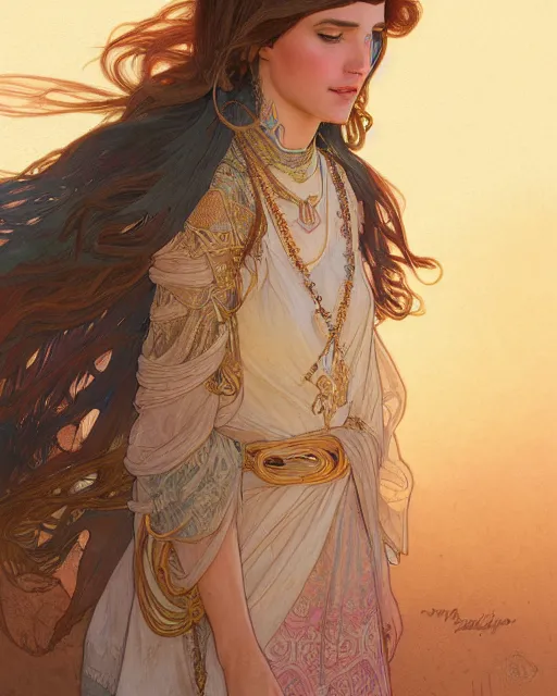 Image similar to bedouin in the desert, highly detailed, gold filigree, romantic storybook fantasy, soft cinematic lighting, award, disney concept art watercolor illustration by mandy jurgens and alphonse mucha and alena aenami, pastel color palette, featured on artstation