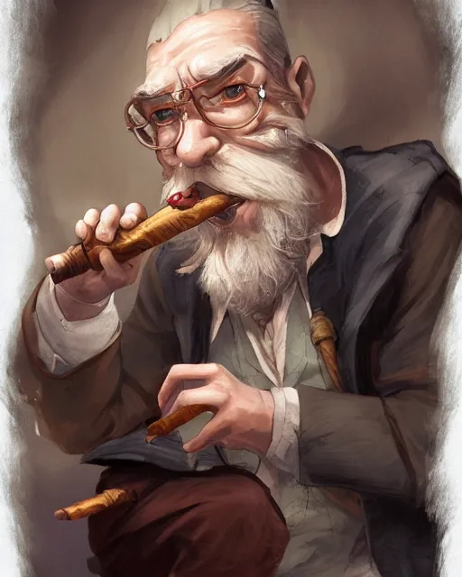 Image similar to A gnomish professor smoking a wooden pipe, visualartzi, anime, steampunk, portrait, concept art by Karla Ortiz, James Paick, Charlie Bowater, Krenz Cushart, highly detailed, ultra detailed, ultra realistic, trending on artstation, cgstudio