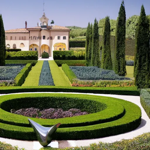 Image similar to giant Italian modern castle formal garden with a modern stainless steel organic shaped modern sculptures with mirror finish by Tony Cragg, photo by Annie Leibovitz