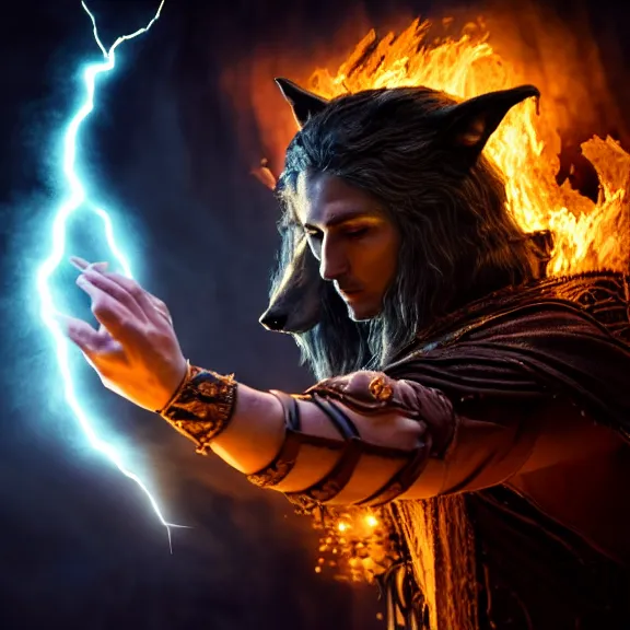 Prompt: magic humanoid strong wolf sorcerer casting a powerful arcane magic spell, fire, ice, lightning, fantasy, occult, mystical, majestic pose, closeup, dramatic lighting, cinematic scene, frank frazetta, visually stunning, sharp focus, highly detailed, colorful, trending on artstation, unreal engine, octane render, cgsociety, artgerm, award - winning
