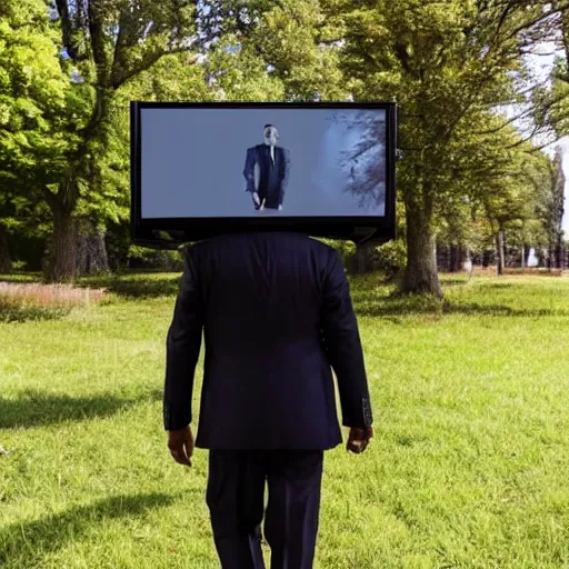 Image similar to a man in a suit wearing a tv on his head while walking