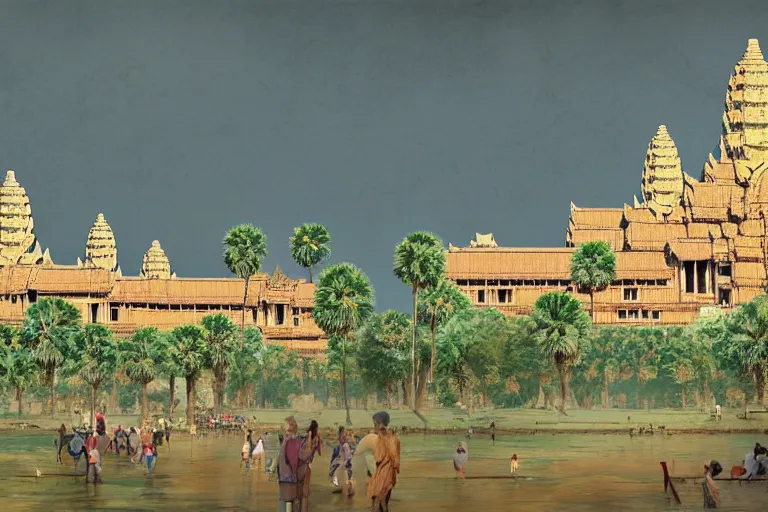 Image similar to Angkor Wat in 1253 covered in white marble and gold, surrounded by a large village, full of people, concept art, digital painting by Shaddy Safadi, highly detailed, historically accurate