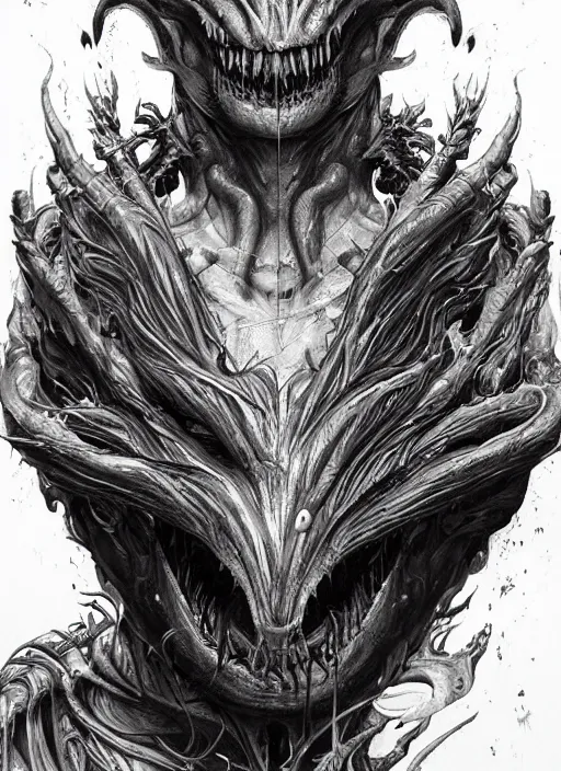 Prompt: a dream portrait of a anthropomorphic dragon spitting fire, black & white, melting, webbing, 8 k, by tristan eaton, stanley artgerm, tom bagshaw, greg rutkowski, carne griffiths, ayami kojima, beksinski, giger, trending on deviantart, face enhance, hyper detailed, minimalist, horror, alien