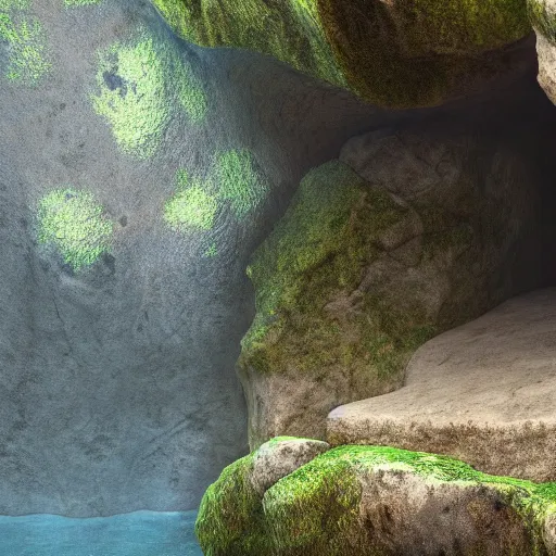 Image similar to overgrown stone cave at the beach, lush foliage, light rays, highly detailed, small ship in shallow waters, octane render, hyperrealistic
