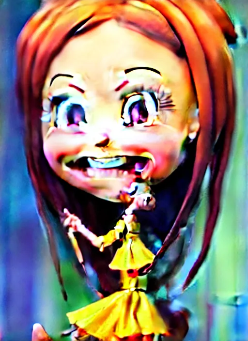 Image similar to a hyperrealistic oil panting of a kawaii anime girl figurine caricature with a big dumb grin featured on nickelodeon by dave mckean