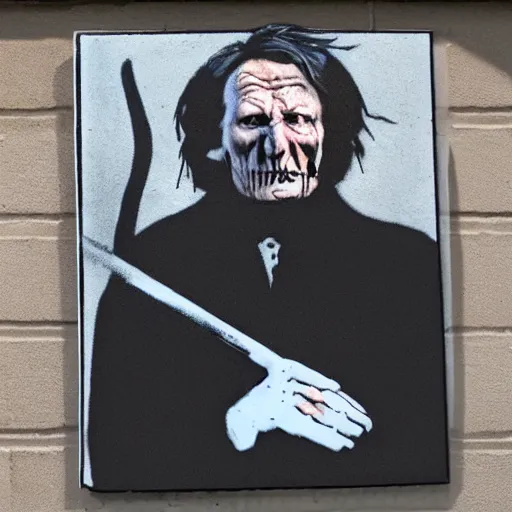 Image similar to neil warnock as the grim reaper in the style of banksy