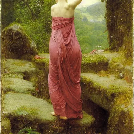 Image similar to a renaissance oil painting by alma tadema of a woman turned back on a stone balcony covered in moss with over shoulder view on a jungle, colourful pastel, detailed academic bouguereau, sharp focus