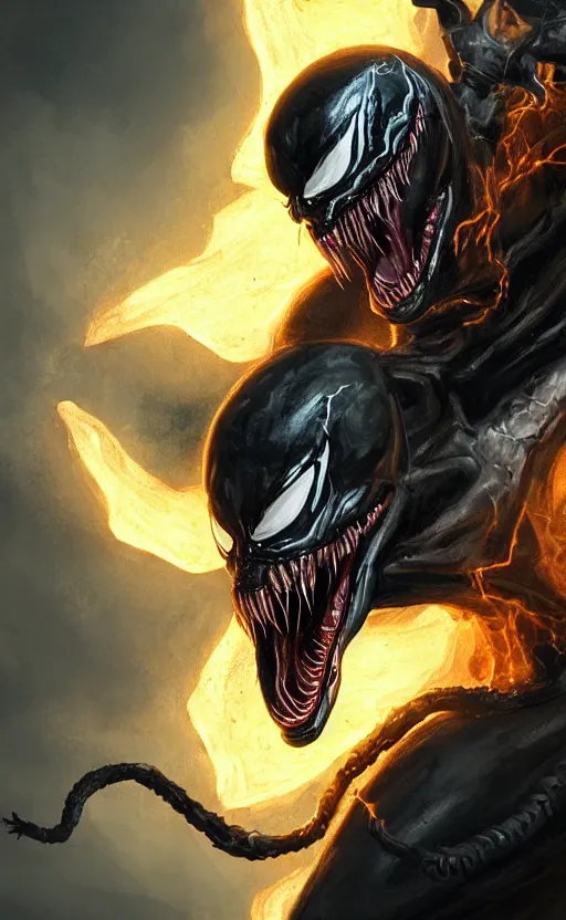 Image similar to venom as ghost rider, dynamic lighting, photorealistic fantasy concept art, trending on art station, stunning visuals, terrifying, creative, cinematic