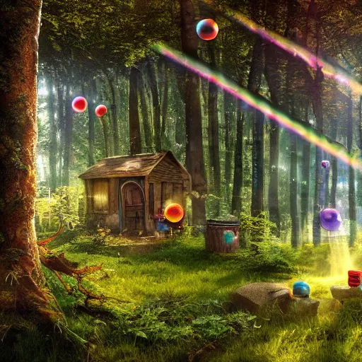 Prompt: A hyper real comic book style painting of an enchanted irish forest with toadstools and forest hut. Soap bubbles and rainbow in the air, sun beams flowing through the trees. Unreal 5, Hyperrrealistic, Octane render, Cospay, RPG portrait, dynamic lightning.