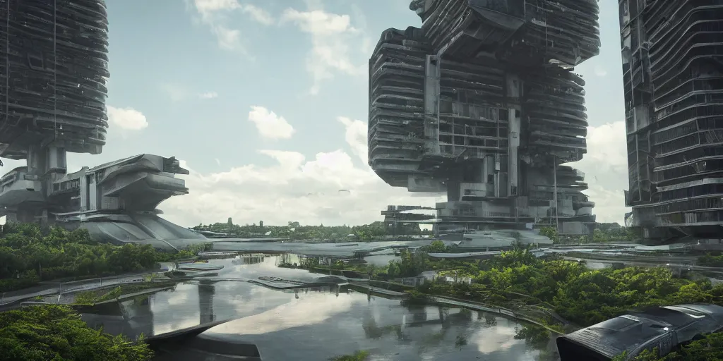 Image similar to futuristic spaceship, on the background brutalist architecture by Le Corbusier, abandoned buildings, empty streetscapes, surrounded by lush green vegetation, ground-level view, puddles of water, stunning volumetric lighting, sunset, trending on Artstation, 8k, photorealistic, nvidia ray tracing, hyper detailed, unreal engine 5, cinematic, epic lighting, cryengine, octane render, cyberpunk, red and orange glow, dark, gloomy