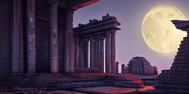 Prompt: beautiful hyperrealistic hyperdetailed epic 3 d render by octane of the mysterious intricate ruins of a temple from an advanced alien starwars civilization under the crescent moon by hubert robert, dramatic lighting