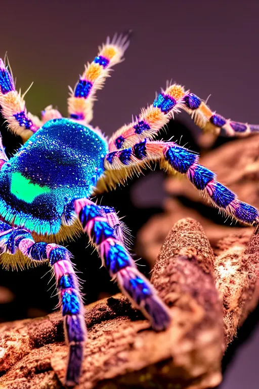 Image similar to high quality macro photo iridescent tarantula! jewelled supercute! highly detailed david ligare elson peter cinematic blue neon lighting high quality low angle hd 8k sharp shallow depth of field