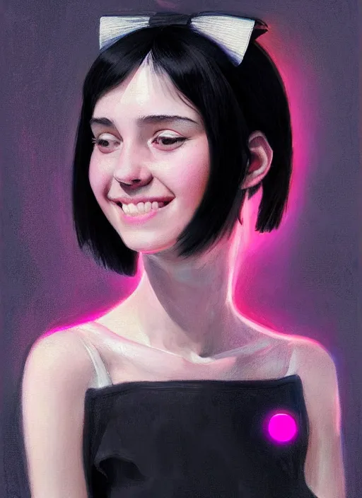 Image similar to portrait of teenage girl, realistic, black hair, bangs, half updo hairstyle, pointy nose, skinny, smile, ugly, defined jawline, big chin, pink hair bow, earrings, intricate, elegant, glowing lights, highly detailed, digital painting, artstation, sharp focus, illustration, art by wlop, mars ravelo and greg rutkowski